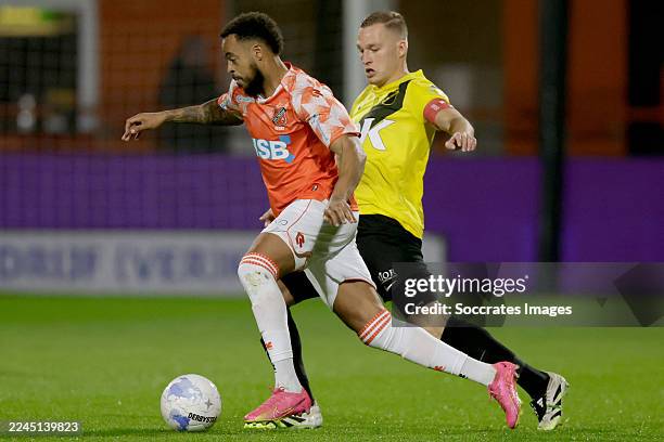 Brandley Kuwas of FC Volendam, Boy Kemper of NAC Breda during the Dutch Eredivisie match between FC Volendam v NAC Breda at the Kras Stadium on...
