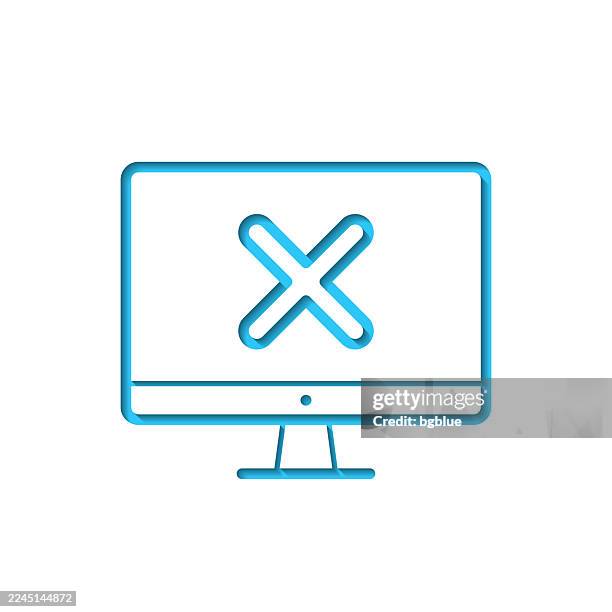 desktop computer with cross mark. icon cut out on white paper with blue background - desktop computer screen close stock illustrations