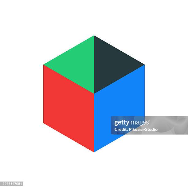 isometric color block cube, colorful geometric cube, volumetric cube figure - 3d cube wireframe stock illustrations