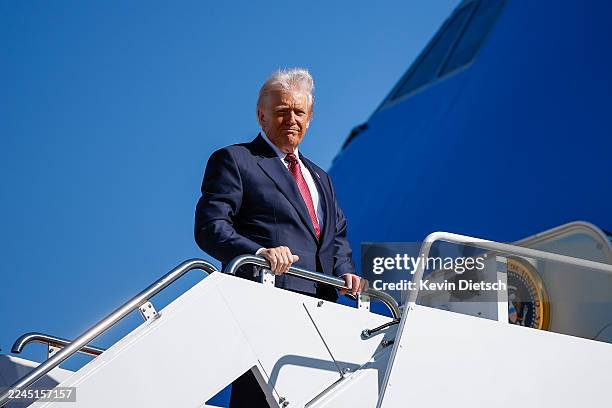 President Donald Trump boards Air Force One on November 05, 2025 at Joint Base Andrews, Maryland. President Trump is traveling to Miami to deliver...