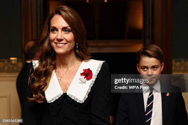 Britain's Catherine, Princess of Wales, and Prince George arrive at the Royal Albert Hall for the Royal British Legion Festival of Remembrance, an...