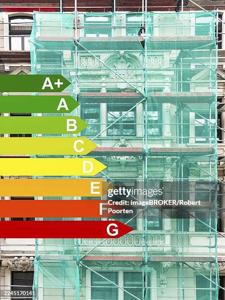 equipped apartment building from the gründerzeit period, graphic with energy efficiency classes for buildings according to the geg, wuppertal, germany - bergisches land stock illustrations