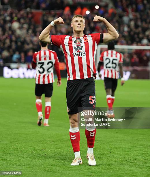 Dan Ballard celebrates after scoring for Sunderland during the Premier League match between Sunderland and Arsenal at Stadium of Light on November 8,...