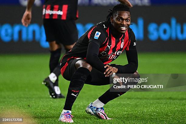 Milan's Portuguese forward Rafael Leao celebrates after scoring his team second goal during the Italian Serie A football match between Parma and AC...