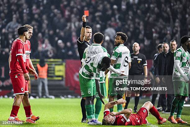 S Owen Maes receives a red card from referee Bram Van Driessche during the Belgian "Jupiler Pro League" football match between Royal Antwerp FC and...