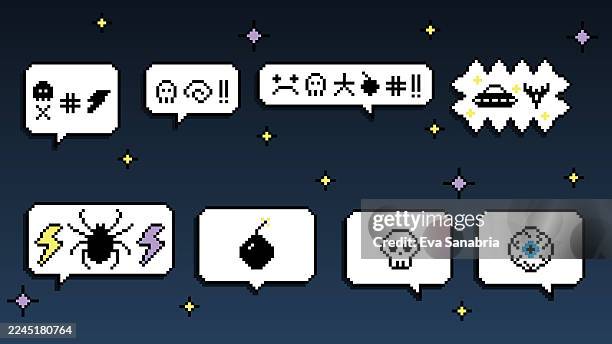 set of angry dialog speech bubbles pixel art style with pixel hate talk curse words - uncomfortable conversation stock illustrations