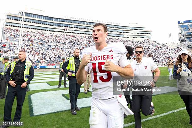 Fernando Mendoza of the Indiana Hoosiers reacts after the game against the Penn State Nittany Lions at Beaver Stadium on November 8, 2025 in State...