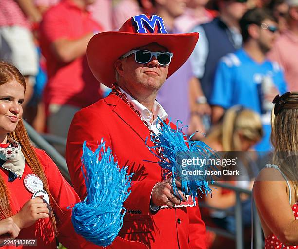 An Ole Miss fan looks on during the third quarter of the game between the Ole Miss Rebels and the Citadel Bulldogs at Vaught-Hemingway Stadium on...