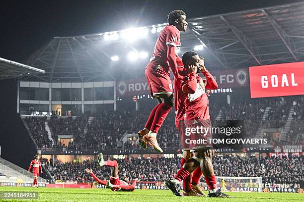 Antwerp's Christopher Scott celebrates after scoring his team third goal during the Belgian "Jupiler Pro League" football match between Royal Antwerp...