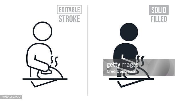person ironing cloths - editable stroke and solid icons - ironing stock illustrations
