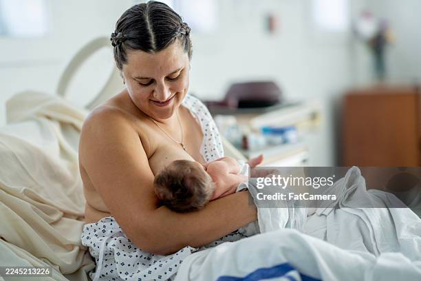 hispanic mother breastfeeds baby in hospital bed, tender moment after birth, family bonding - maternity hospital stock pictures, royalty-free photos & images
