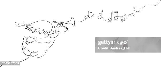 christmas angel continuous line drawing with music notes - brass background stock illustrations