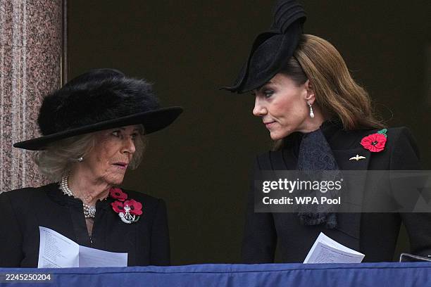 Britain's Queen Camilla and Catherine, Princess of Wales attend the Remembrance Sunday ceremony at the Cenotaph on Whitehall on November 9, 2025 in...