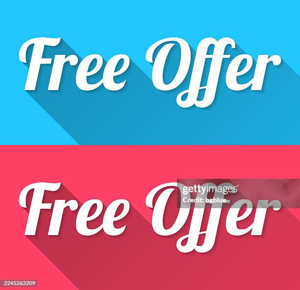 free offer - flat design with long shadow on blue and red background - congratulations blue background stock illustrations