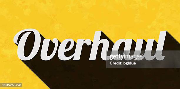 overhaul - text with long shadow on textured yellow background - damage restoration stock illustrations