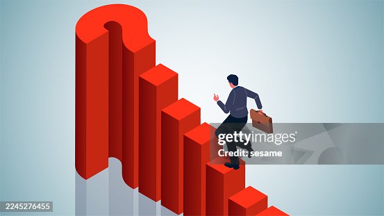 The process or steps involved in solving a problem and finding a solution. Isometric view businessman along the steps in the question mark is running The process or steps involved in solving a problem and finding a solution. Isometric view businessman along the steps in the question mark is running