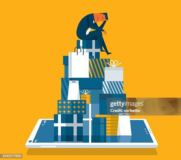 stockillustraties, clipart, cartoons en iconen met rising prices - businessman - mobile payment - shopaholic