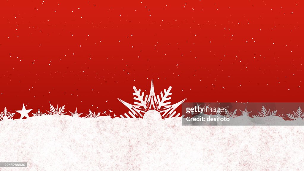 Horizontal dark vibrant red color bordered shiny Christmas paper backgrounds with bottom edge border of white snow and beautiful starry glittering bright snowflakes, festive scene or sparkling backdrop