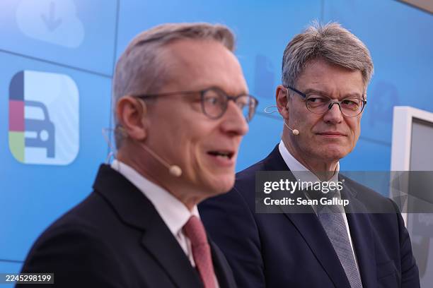 German Transport Minister Patrick Schnieder and Digital Infrastructure Minister Karsten Wildberger speak to the media during a presentation of the...