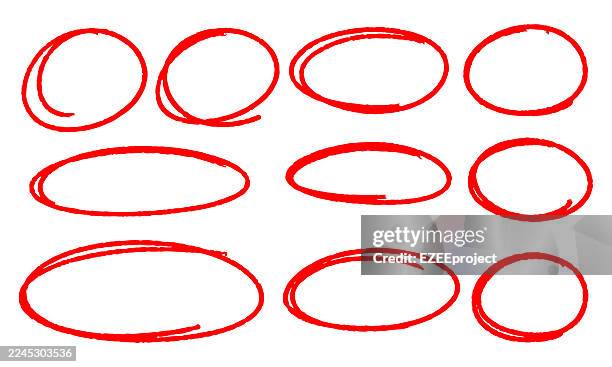 ilustrações de stock, clip art, desenhos animados e ícones de hand drawn red circles set. sketchy doodle ovals collection. emphasis highlight markers. correction and focus markings - marcador fluorescente