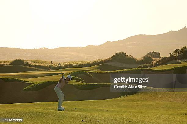 Jackson Suber of the United States plays a shot on the third hole during the first round of the World Wide Technology Championship 2025 at El...