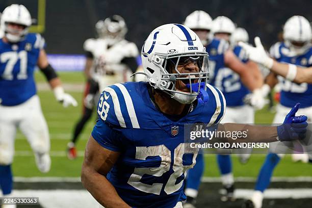 Indianapolis Colts' running back Jonathan Taylor celebrates the winning touchdown during the NFL match between Indianapolis Colts and Atlanta Falcons...