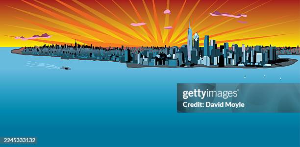 sunset over manhattan - hudson river view stock illustrations