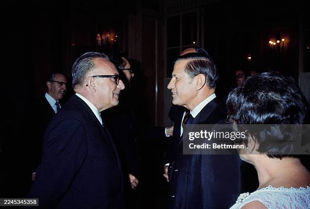 John A Volpe , US Secretary of Transportation, meeting with Italian Prime Minister Mariano Rumor in Rome, Italy, October 3rd 1969.