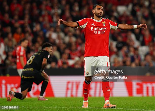 Vangelis Pavlidis of SL Benfica reacts after missing a goal opportunity during the Liga Portugal Betclic match between SL Benfica and Casa Pia AC at...