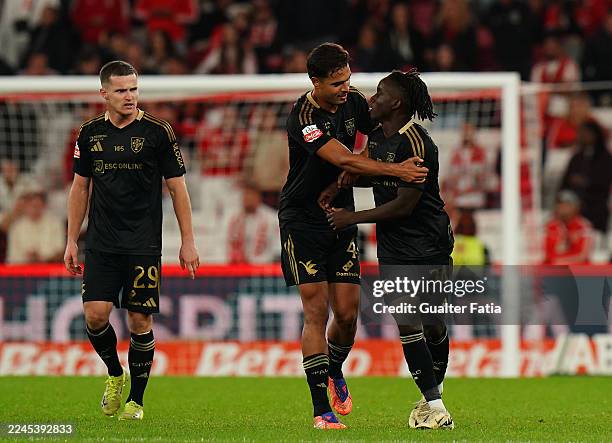 Renato Nhaga of Casa Pia AC celebrates with teammates after scoring a goal during the Liga Portugal Betclic match between SL Benfica and Casa Pia AC...