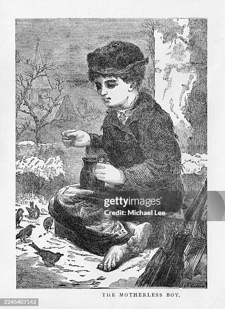motherless boy - antique engraving - lonely boy drawing stock pictures, royalty-free photos & images