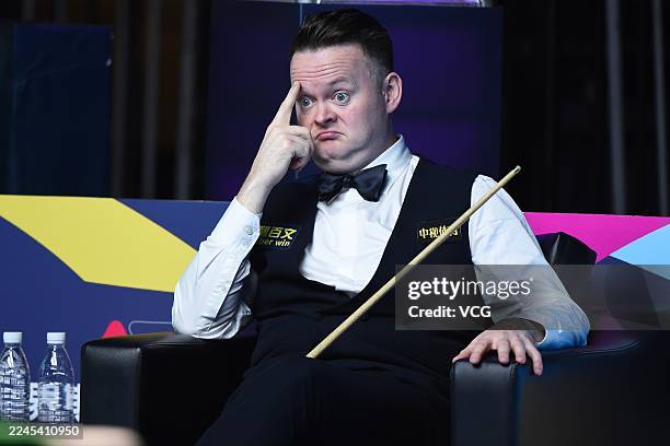 Shaun Murphy of England reacts in the Quarterfinal match against John Higgins of Scotland on day 5 of International Championship 2025 at SNC National...