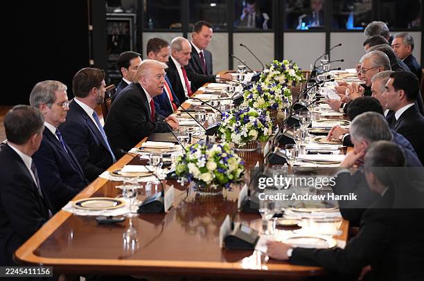 President Donald Trump, joined by lawmakers and members of his administration, delivers remarks during a dinner with leaders of Central Asian...
