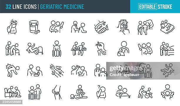 geriatric medicine and health care for the elderly thin line icons - editable stroke - dementia stock illustrations