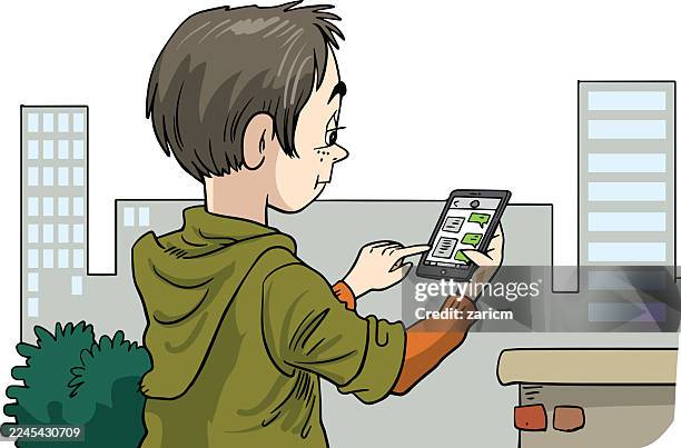 the child uses a mobile phone for texting - tween boy stock illustrations