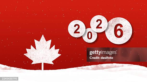white ornate glowing bottom edge snow fur border and one textured maple tree leaf over red maroon glittering shiny background for christmas new year, canada day festive celebration with text in label 2026 - red maple leaf stock illustrations