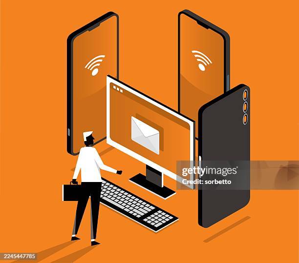 businessman read and research email - mobile phone - content management software stock illustrations