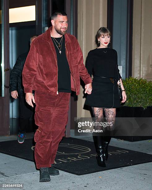Taylor Swift and Travis Kelce seen in NoHo on November 06, 2025 in New York City.