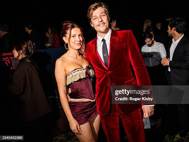 Millie Bobby Brown and Jake Bongiovi attend Netflix's "Stranger Things" Season 5 World Premiere at TCL Chinese 6 Theatres on November 06, 2025 in...