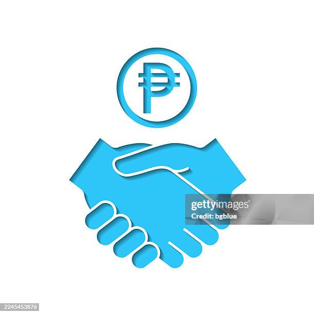 peso agreement. icon cut out on white paper with blue background - handshake blue background stock illustrations