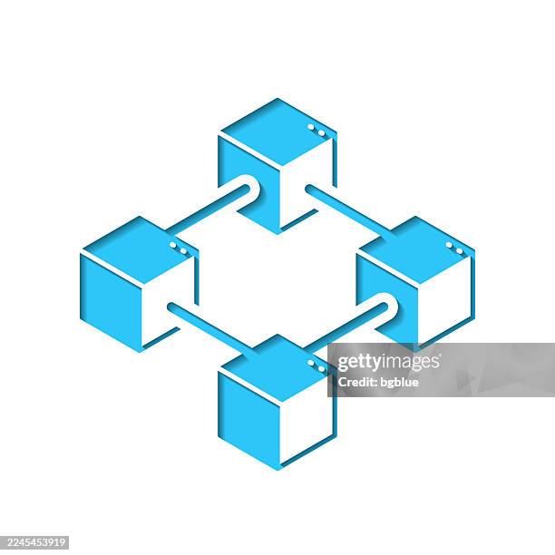 ilustraciones, imágenes clip art, dibujos animados e iconos de stock de cadena de bloques. icono recortado en papel blanco con fondo azul - eslabón