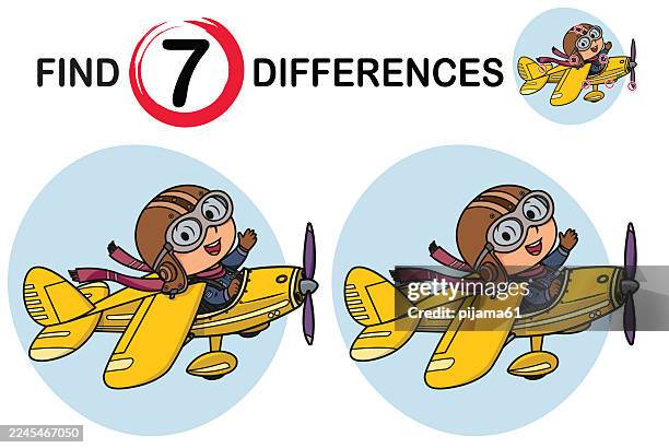find 7 differences in the picture. cartoon little boy operating a plane. educational game for kids - small airplane stock illustrations