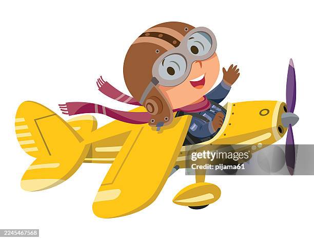 happy flying pilot kid. - small airplane stock illustrations