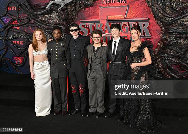 Sadie Sink, Caleb McLaughlin, Finn Wolfhard, Gaten Matarazzo, Noah Schnapp and Millie Bobby Brown attend the Los Angeles Premiere of Netflix's...