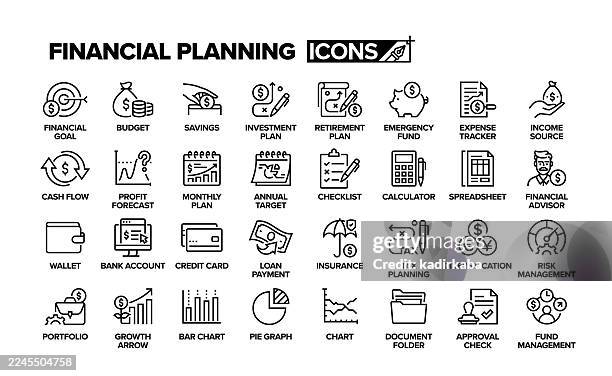 ilustraciones, imágenes clip art, dibujos animados e iconos de stock de conjunto de iconos de línea de planificación financiera. grupo de objetos. presupuesto, banca, calculadora, economía, finanzas, fondos, ganar dinero. - cartera vacía
