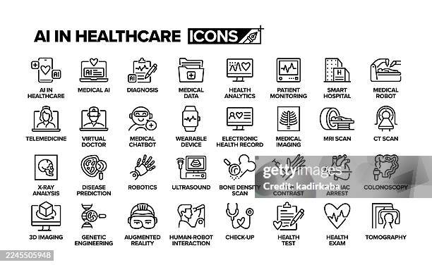 ai in healthcare line icon set. group of object. robotic surgery, health technology, augmented reality, artificial intelligence, hospital, hologram, robotic, telemedicine. - electronic-medical-record-icon stock illustrations