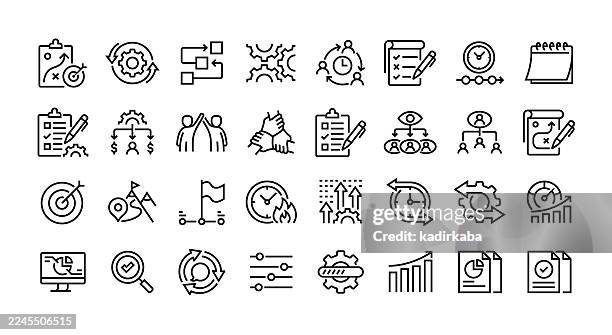 implementation line icon set. group of object. action plan, execution, workflow, process, coordination, timeline, teamwork, collaboration. - project management process flow chart stock illustrations