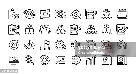 Implementation Line Icon Set. Group Of Object. Action Plan, Execution, Workflow, Process, Coordination, Timeline, Teamwork, Collaboration. Implementation Line Icon Set. Group Of Object. Action Plan, Execution, Workflow, Process, Coordination, Timeline, Teamwork, Collaboration.