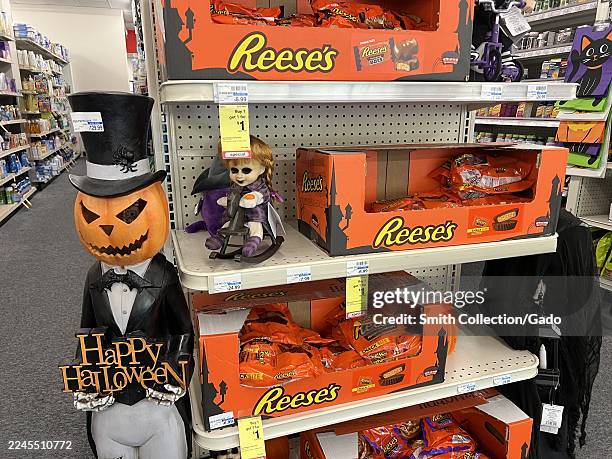 Reese's and other Halloween candy on display in a pharmacy, Lafayette, California, October 17, 2025.