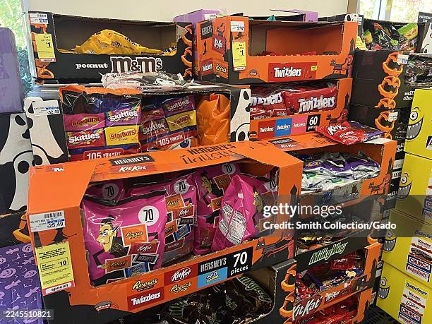 Reese's and other Halloween candy on display in a pharmacy, Lafayette, California, October 17, 2025.